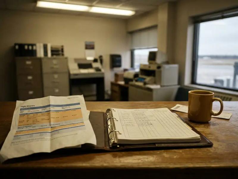 Crumpled flight itinerary beside an open crew roster binder on an airport operations desk, boarding pass tucked under a coffee mug.