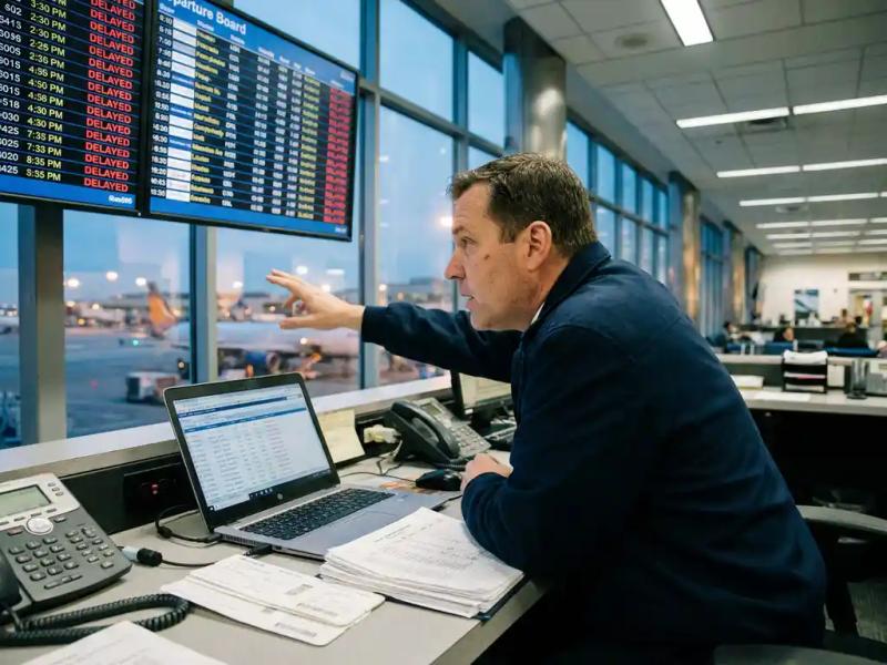 Flight operations manager reviewing cascading delays on a departure board at an airport control desk, laptop and crew manifest nearby, runway lights glowing amber behind floor-to-ceiling windows.