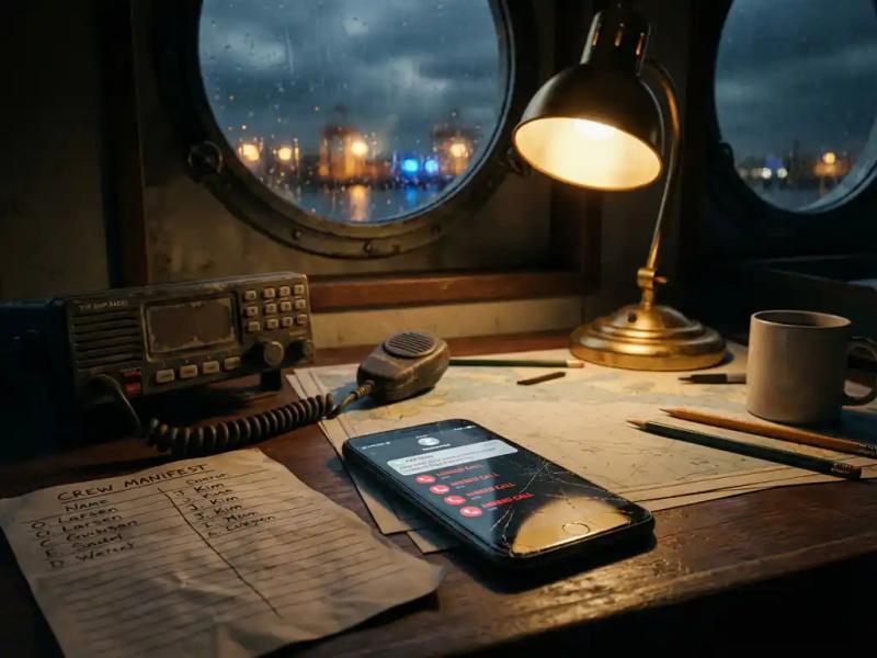 Glowing smartphone with unanswered messages on a dark maritime operations desk at 2am, crew manifest and ship radio nearby, harbor lights through rain-streaked window.