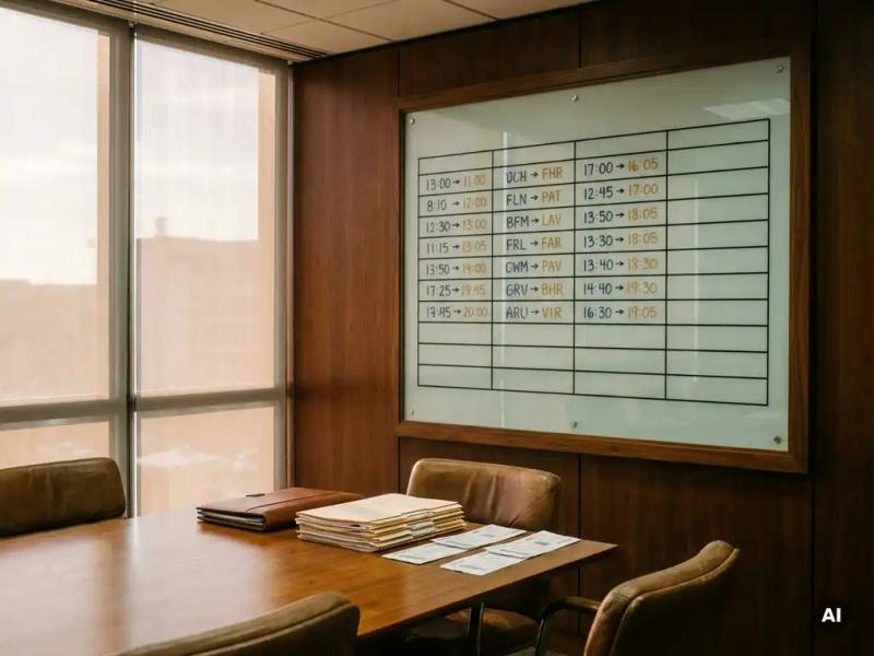 Crew scheduling board with color-coded flight routes and departure times above stacked travel documents and boarding passes on a conference table.