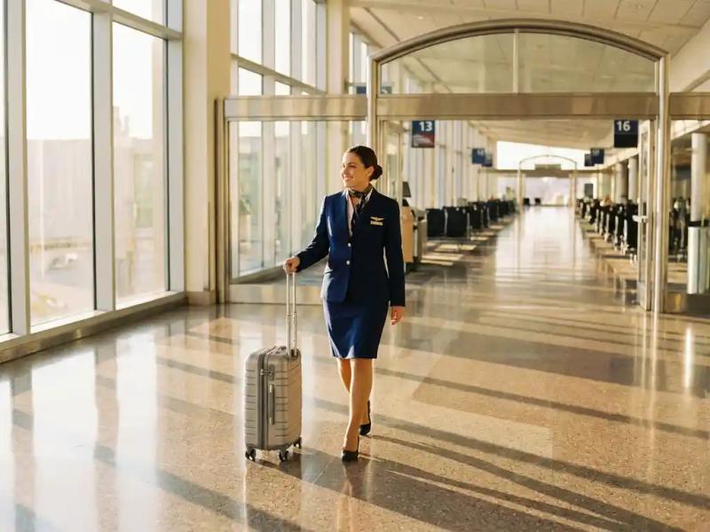 Airline crew member rolling a carry-on suitcase through a sunlit modern airport terminal corridor with departure gates in the background.