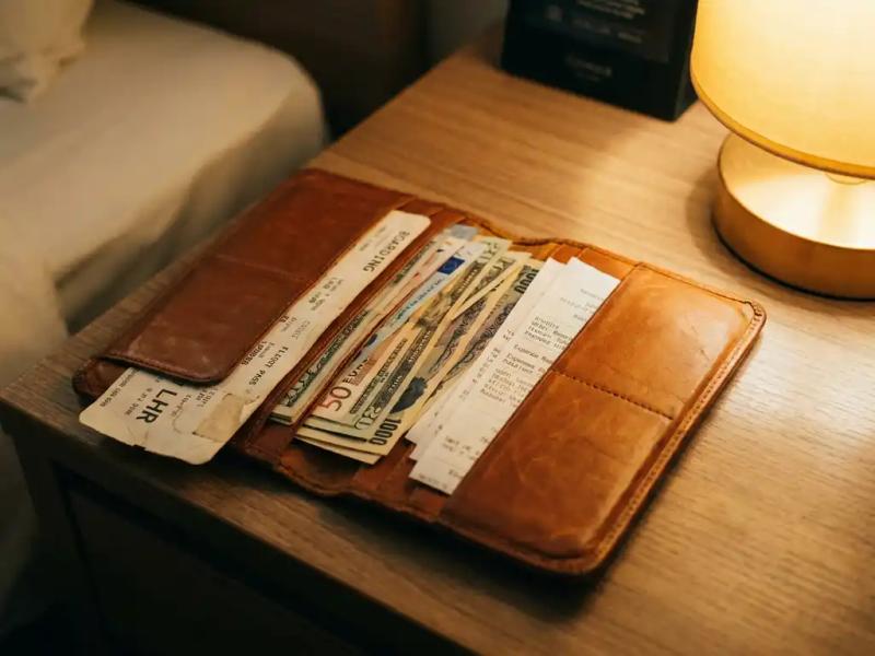 Worn cognac leather travel wallet open on a hotel desk with mixed currency cash, expense receipts, and a boarding pass under warm amber light.