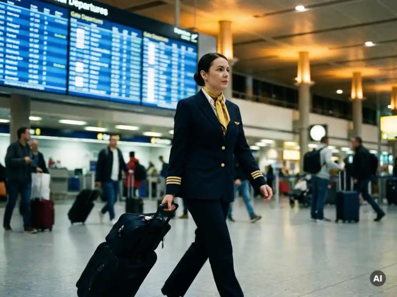 Airline crew member walking through a busy airport terminal with departure board and flight gates visible in the background.