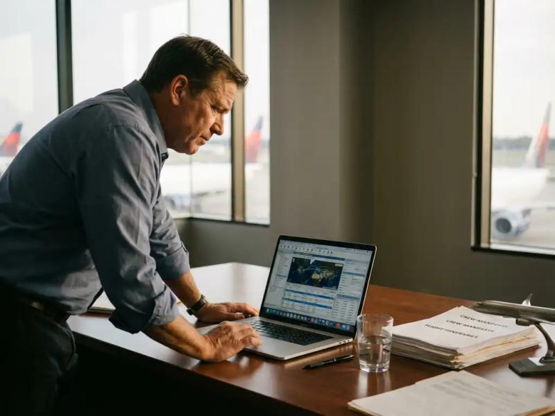 Fleet operations manager reviewing crew schedules and flight routes on a laptop at an executive desk overlooking airport tarmac.