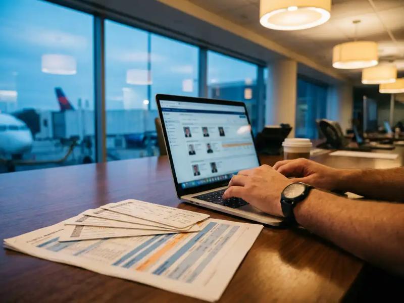 Crew controller managing flight staff profiles on laptop at airport operations desk with boarding passes and flight manifests nearby.