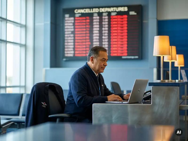 Flight operations manager rebooking flights on a laptop at an airport gate desk, with a cancelled departures board blurred in the background.