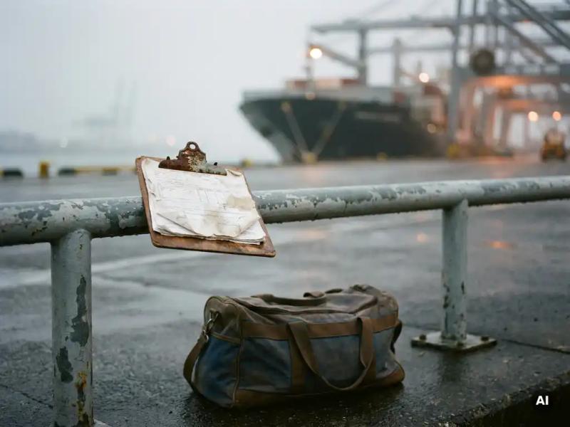 Worn crew manifest clipboard on a port railing, cargo ship in misty background, seafarer's duffel bag on wet concrete below.