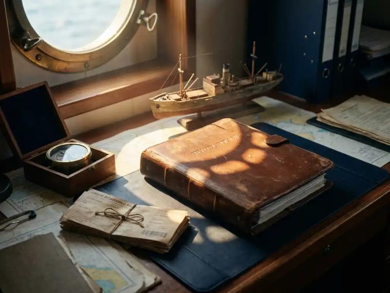 Worn leather travel policy binder open on a maritime desk beside a captain's compass, crew boarding passes, and a miniature cargo ship model.