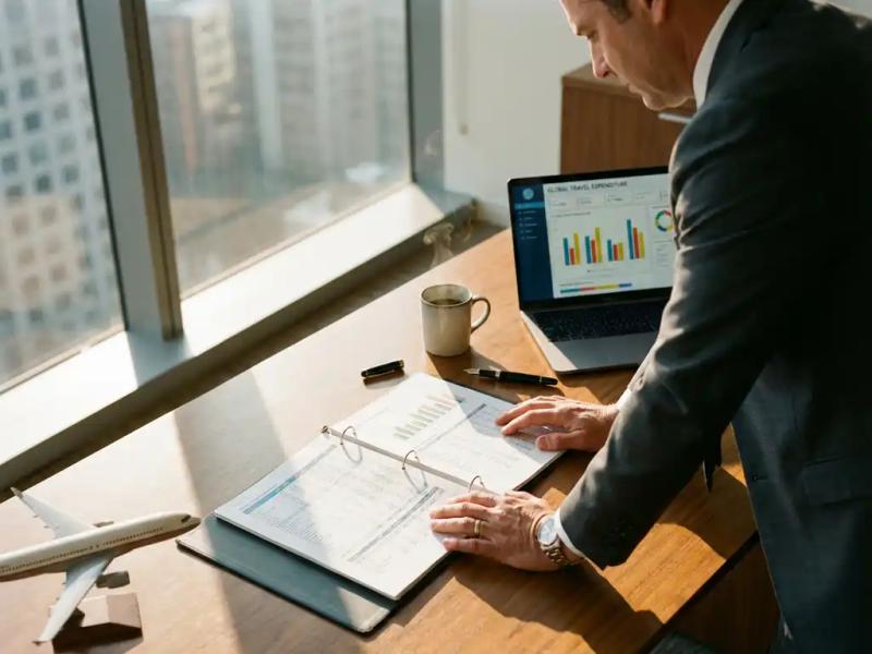 CFO reviewing financial travel expenditure report at executive desk with laptop graphs and aircraft model, city skyline in background.