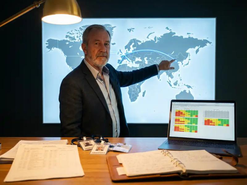 Airline operations manager pointing to a glowing route on an illuminated world map, with flight schedules and a laptop on a desk below.
