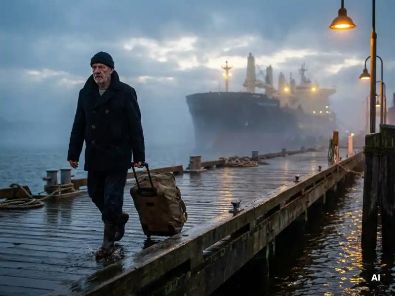 Maritime officer pulling wheeled duffel bag along rain-slicked dock, cargo ship emerging from coastal mist under amber pier lights.