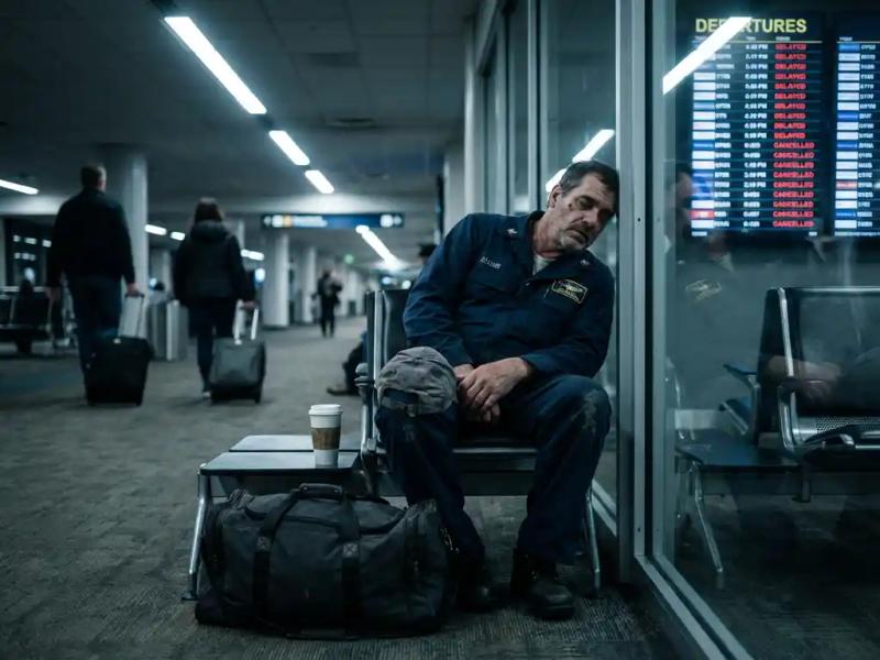 Exhausted merchant mariner sleeping in airport terminal seat amid flight delays, uniform rumpled, coffee untouched, fluorescent light casting harsh shadows.
