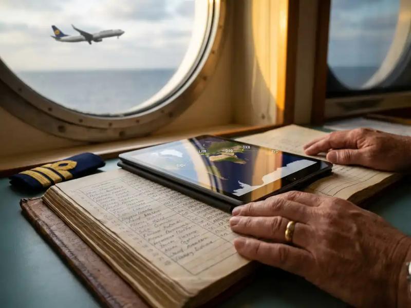 Ship captain's hands on a nautical logbook overlaid with a tablet showing global flight routes, symbolizing modern crew management.