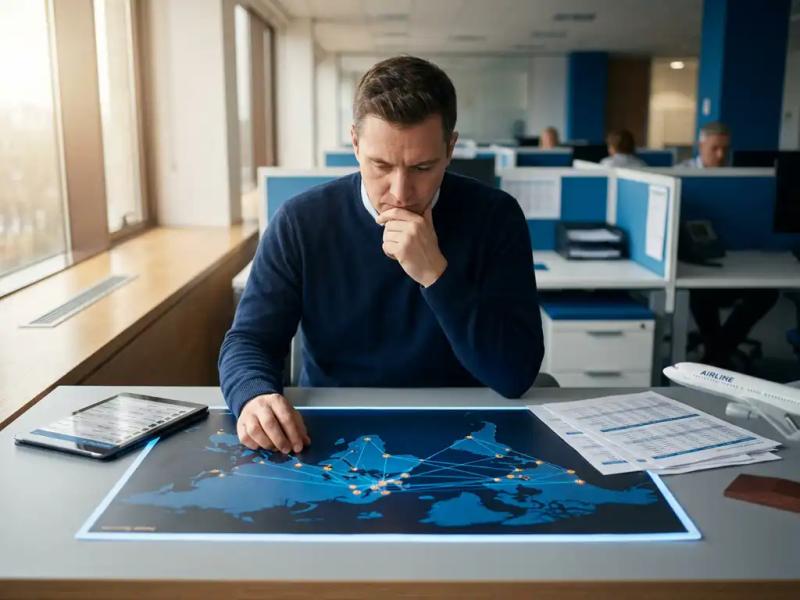 Crew planning professional reviewing an interactive flight route map at a desk with a tablet, printed schedules, and a commercial aircraft model.