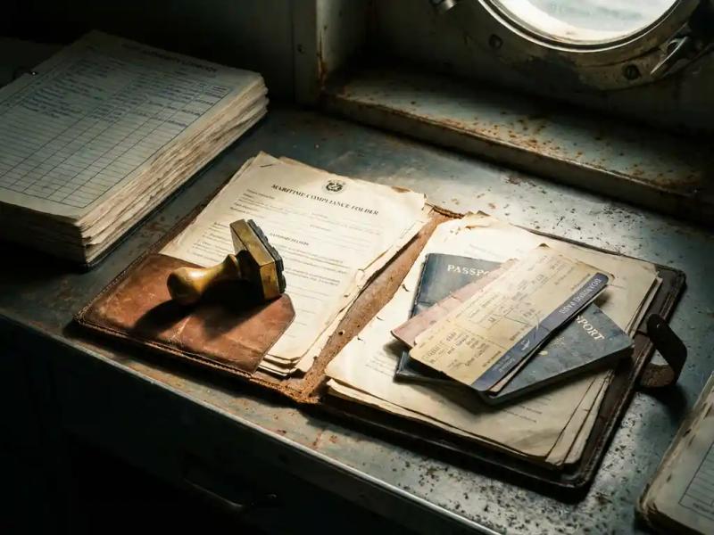 Worn maritime compliance folder open on a ship captain's steel desk, crew travel documents and boarding passes spilling out beside an official inspection stamp.