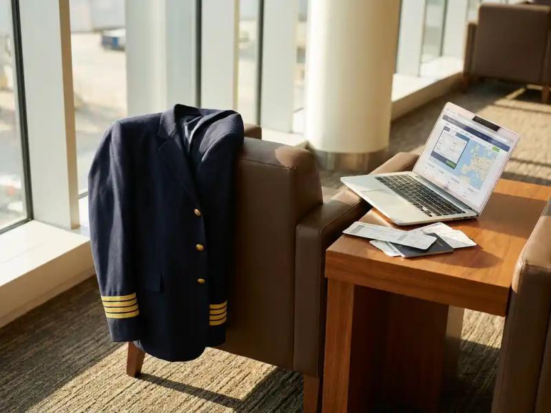 Airline pilot jacket on airport lounge chair beside a laptop with corporate travel booking software and fanned boarding passes.