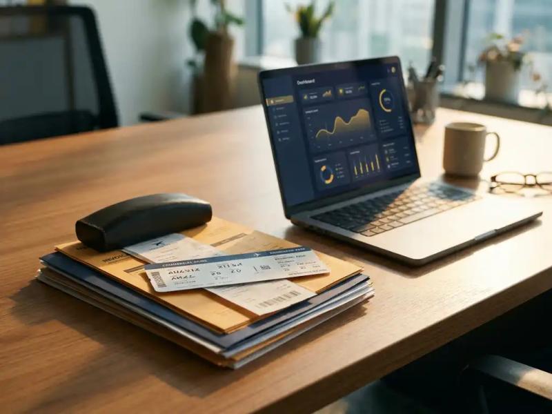 Stack of paper invoices and travel receipts pinned under an airline boarding pass on a corporate desk beside an open laptop showing a dashboard.
