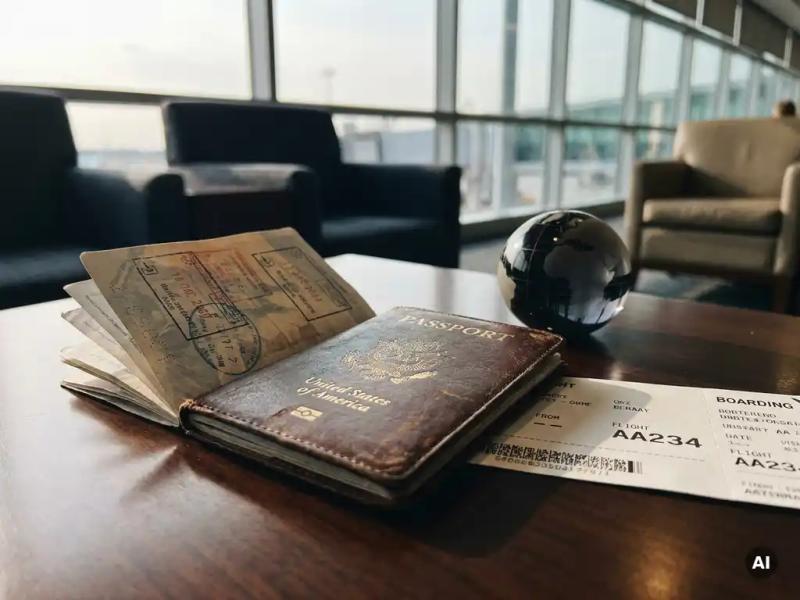 Worn leather passport and international travel documents spread on an airport lounge table with a boarding pass and small globe paperweight.