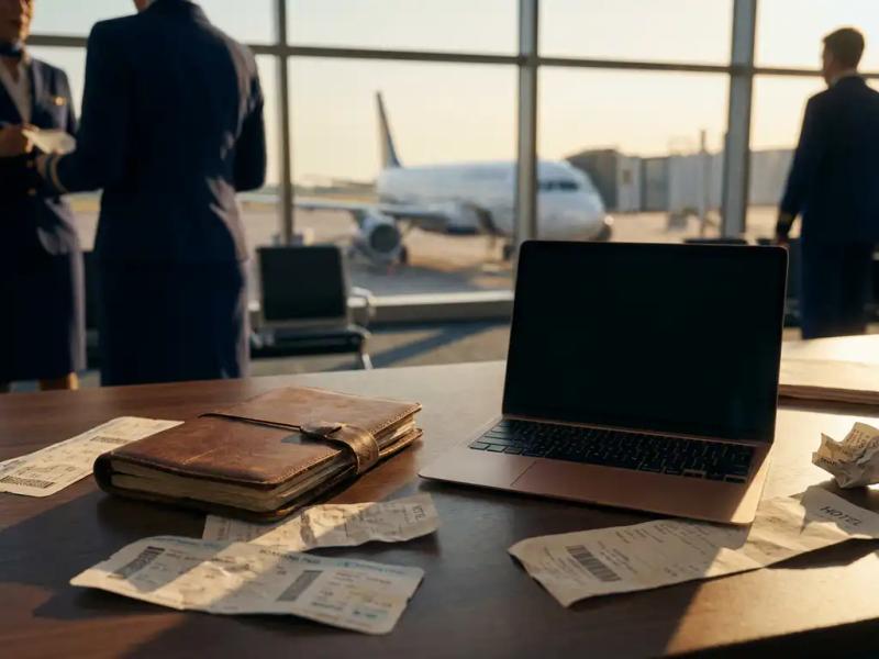 Leather travel expense ledger and laptop on airport desk with boarding passes, hotel receipts, and commercial aircraft visible through window.