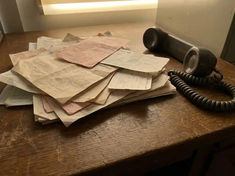 Crumpled paper invoices and receipts piled on a worn oak desk beside an outdated telephone, with an airline boarding pass buried beneath the documents.