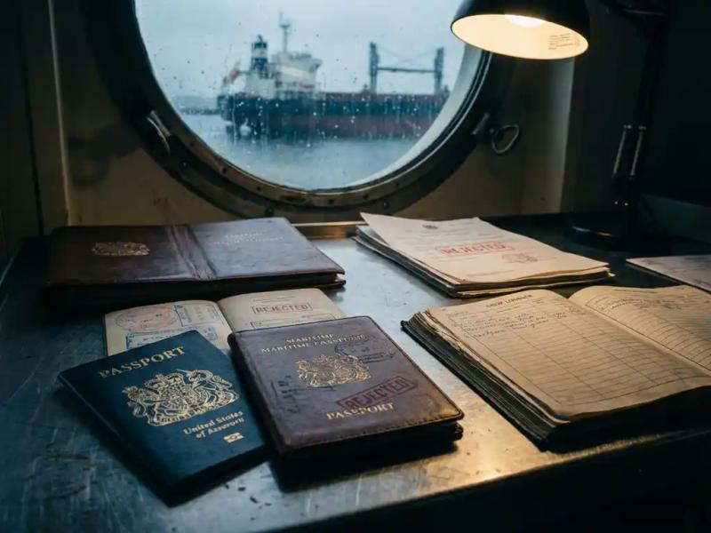Worn maritime officer's passport and expired visas on a port authority desk beside an open crew sign-on book and rejection papers, cargo ship through rain-streaked porthole.