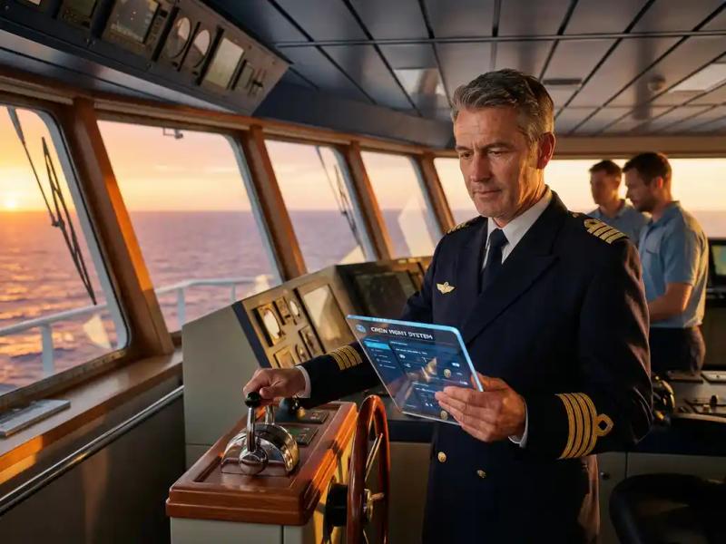 Maritime officer at ship's bridge helm holding crew management tablet, calm ocean horizon visible through golden-hour windows