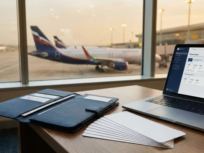 Flight crew travel itinerary folder on airport lounge table with boarding passes, laptop, and commercial aircraft visible through terminal window.