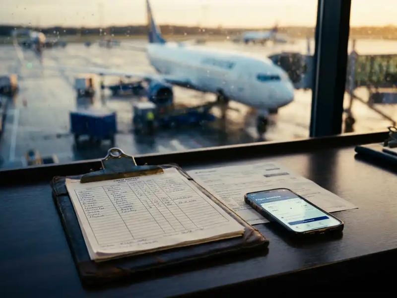 Pilot crew roster clipboard beside a smartphone showing a flight booking app on an airline operations desk, with an aircraft visible through a terminal window.