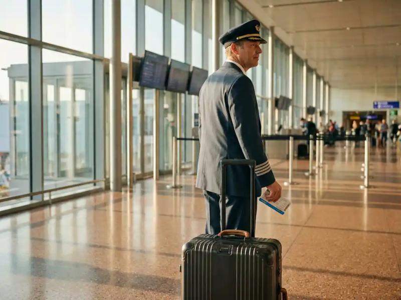 Airline pilot in uniform rolling carry-on luggage through a sunlit modern airport terminal, boarding pass in hand, departure gates in background.
