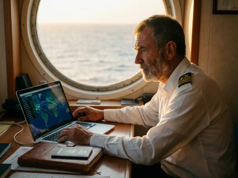 Merchant mariner in uniform reviews digital crew schedules on laptop at ship's desk, open ocean visible through porthole behind him.
