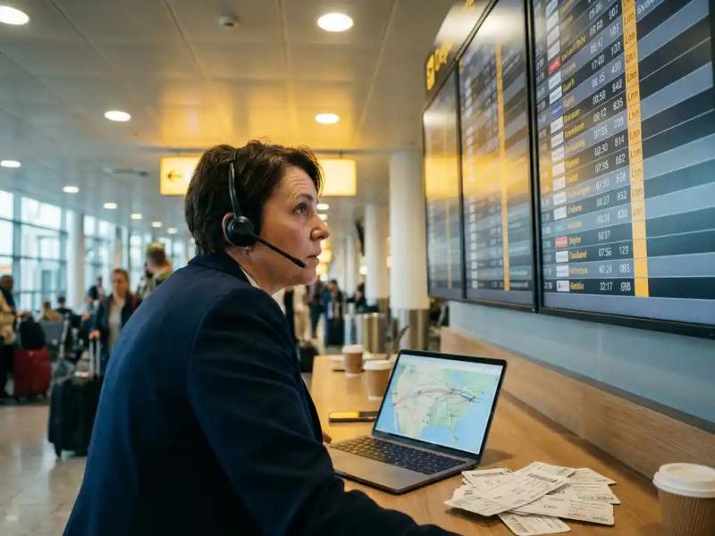 Flight operations manager reviewing live departure board at airport gate, with boarding passes and route map laptop nearby.