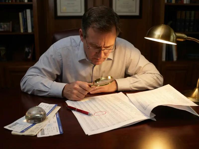 Financial analyst examining spreadsheet with magnifying glass at lamp-lit desk, red pen marking figures amid travel receipts.