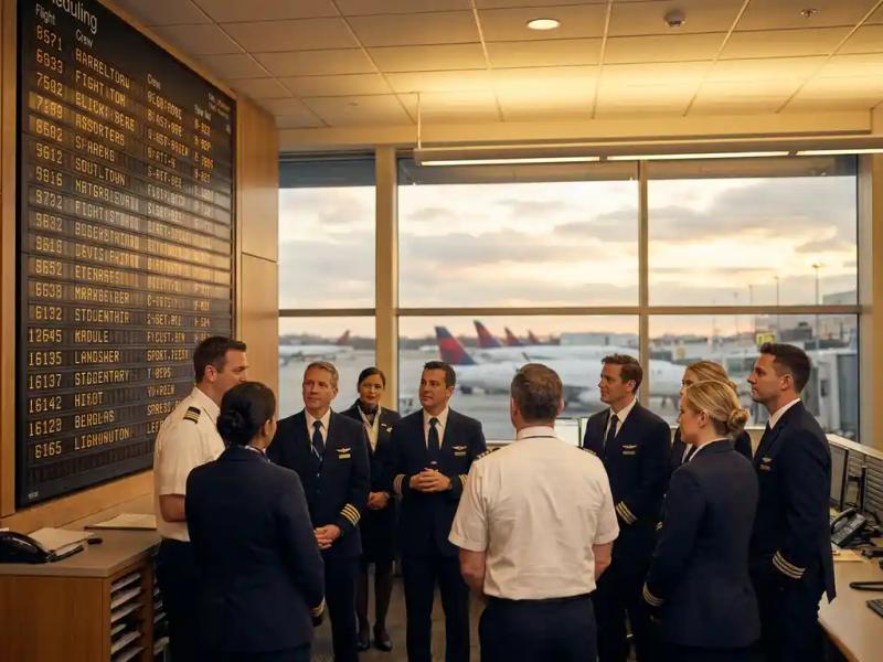 Airline crew in navy uniforms reviewing flight rosters on a scheduling board, with aircraft visible through terminal windows.