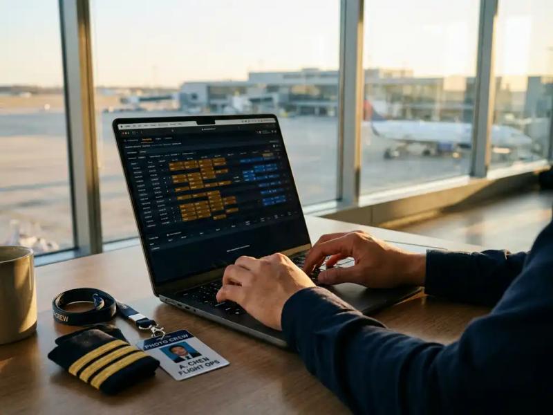 Crew controller's hands over a laptop showing a flight scheduling dashboard, pilot epaulette and ID badge nearby, airport terminal glowing in late-afternoon light.