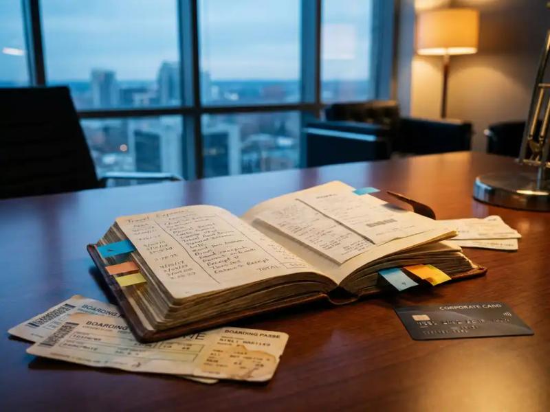 Leather-bound travel expense ledger open on a desk beside boarding passes, ticket stubs, and a company credit card with colored budget tabs.