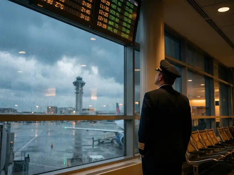 Flight crew member in uniform studying a departure board at a rain-streaked terminal window, air traffic control tower visible through storm clouds.