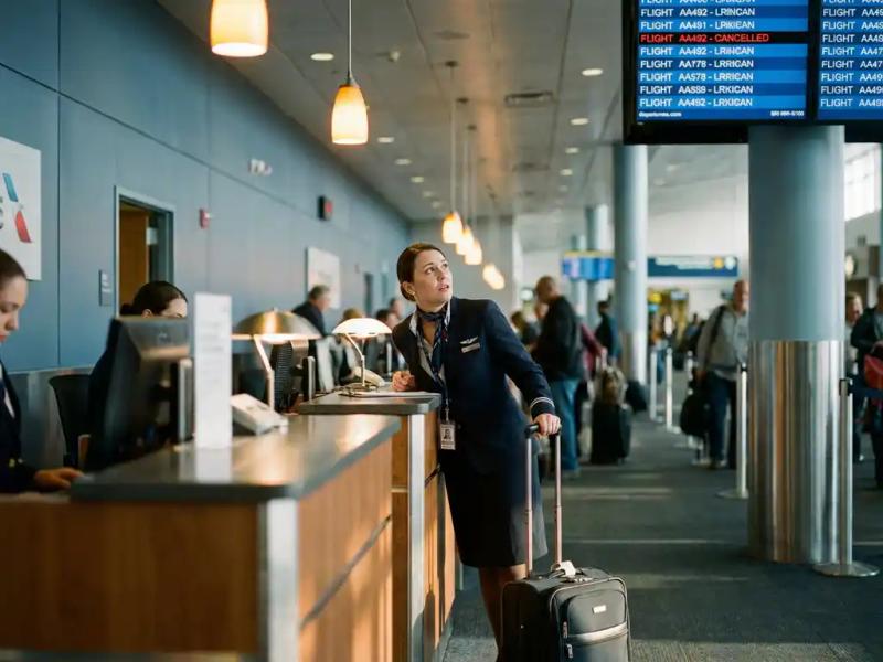 Flight crew member in uniform reviewing a cancelled flight departure board at a busy airport gate desk, rolling carry-on bag nearby.