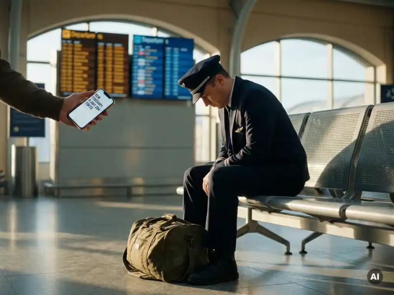 Navy crew member seated alone on airport bench receiving updated travel itinerary on phone, duffel bag at feet, departure boards blurred behind.