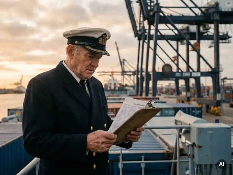 Maritime officer in uniform reviewing crew rotation schedule on clipboard aboard a commercial vessel, port cargo cranes visible at dawn.