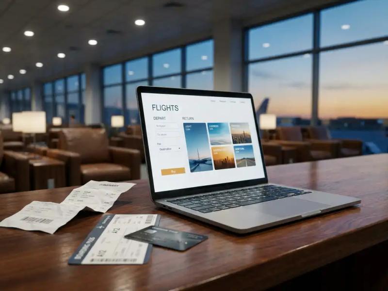 Laptop showing flight booking dashboard on airport lounge desk beside a boarding pass and corporate travel card.