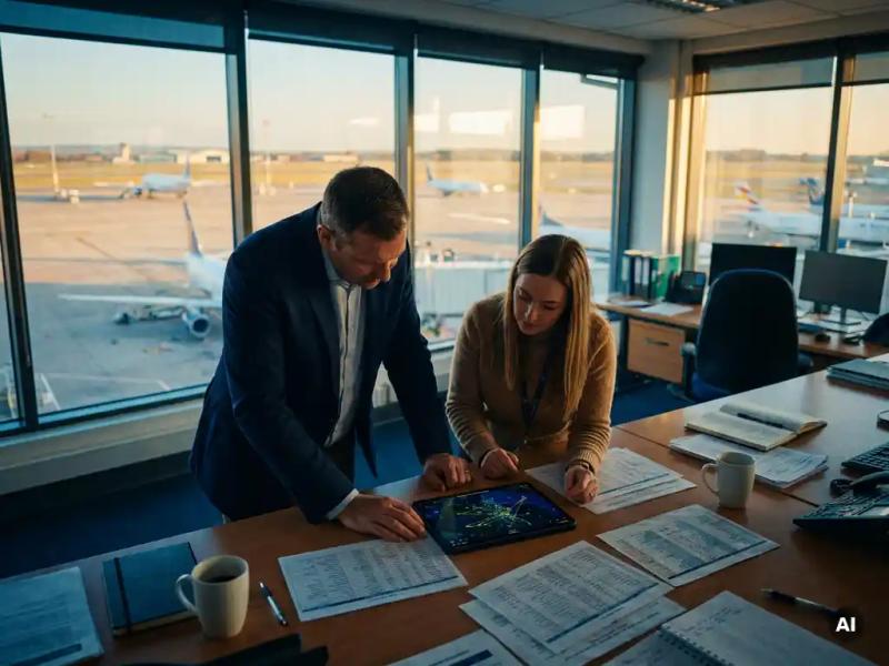 Flight operations manager and crew coordinator reviewing live flight routes on a tablet at an airport operations desk with runway and parked aircraft visible beyond.