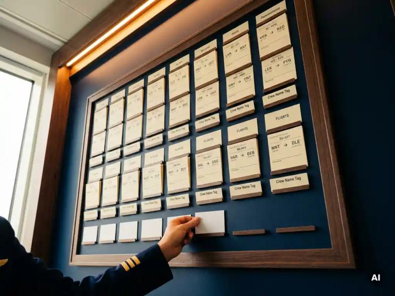Uniformed crew member pinning a flight booking card onto an airline scheduling board with symmetrically arranged route cards and name tags.