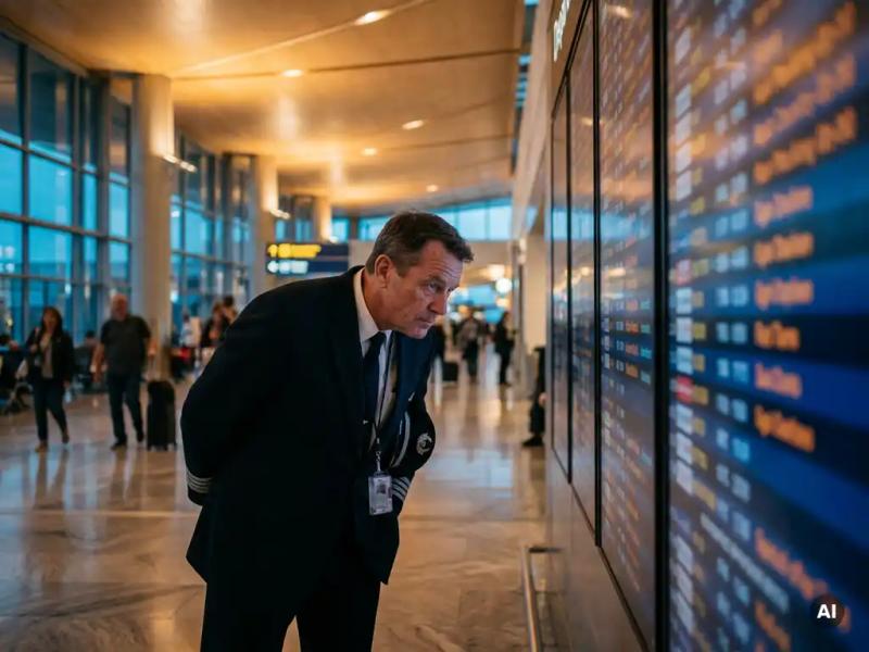 Pilot in uniform studying a departure board in a modern airport terminal, warm amber light casting long shadows across marble floors.