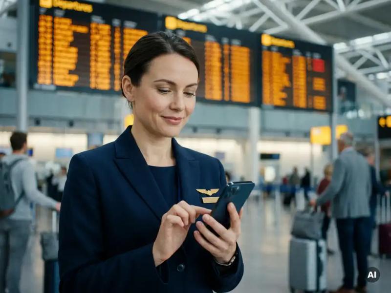 Flight crew member in uniform rebooking a disrupted flight on a smartphone at an airport gate, departure boards blurred behind them.