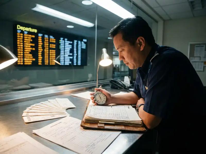 Flight operations manager examining a stopwatch on a crew scheduling binder, boarding passes and rerouting paperwork spread across an airport operations desk.