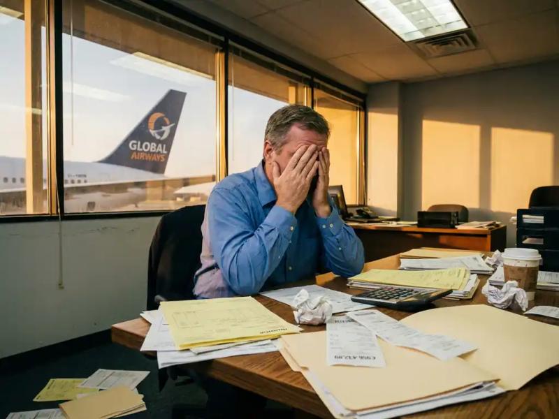 Stressed airline operations manager overwhelmed by stacks of paper invoices and receipts on desk, aircraft visible through office window behind him.