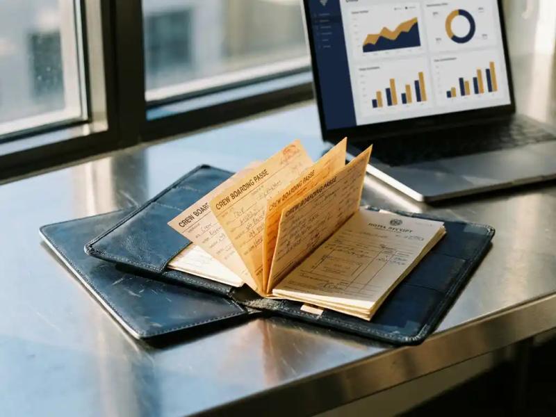 Leather-bound travel expense portfolio with boarding passes and hotel receipts on a steel desk, laptop showing data dashboards in soft natural light.