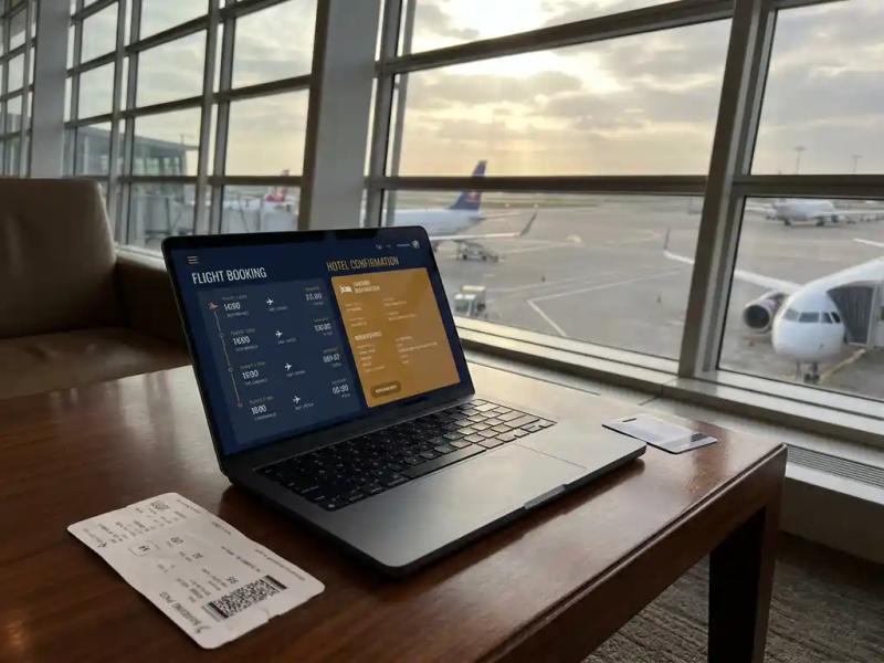 Laptop showing flight and hotel booking dashboard on airport lounge table beside boarding pass and keycard, aircraft visible through terminal windows.