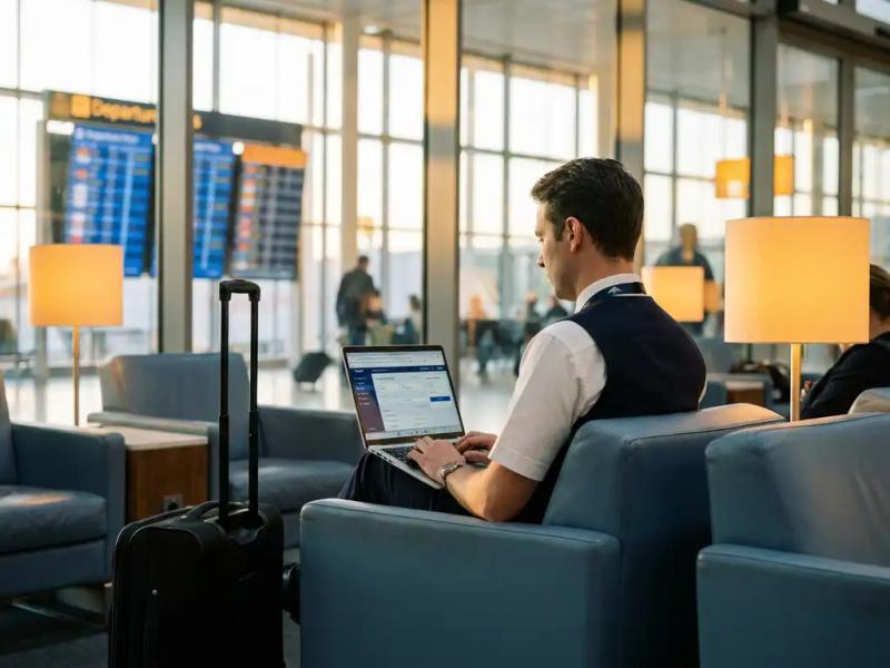 Airline crew member in uniform rebooking a disrupted flight on a laptop in a sunlit airport lounge, departure boards blurred in the background.