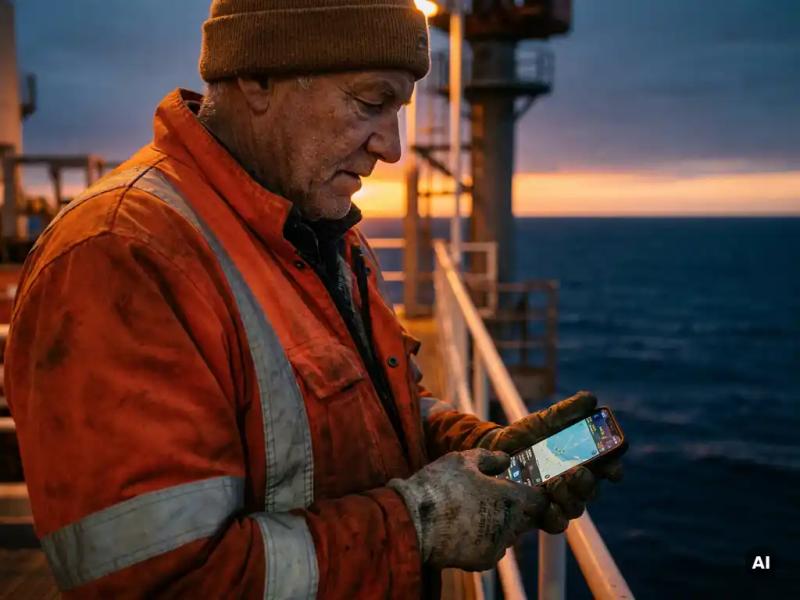 Offshore crew member in high-visibility gear checking flight updates on a smartphone at dusk, ocean and steel railings visible behind.